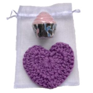 Heart Crochet Scrubby 4.25 x 4 inches and Mini Cupcake Bath Fizzie 2.5 oz Purple